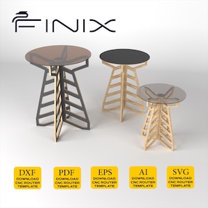 Może przedstawiać: Trzy nowoczesne stoliki pomocnicze z okrągłymi blatami. Jeden stół ma ciemnoszary blat i podstawę, drugi czarny blat i jasną drewnianą podstawę, a trzeci przezroczysty blat i jasną drewnianą podstawę. Ikony typów plików.