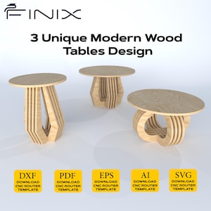 Könnte beinhalten: Drei moderne Holztische mit hellbraunen Tischplatten und aufwendigen Holzgestellen. Die Tische haben unterschiedliche Formen, darunter eine runde Tischplatte mit geometrischem Gestell, ein sechseckiges Gestell und ein abgerundetes Gestell. Das Bild enthält auch Dateiformatsymbole.