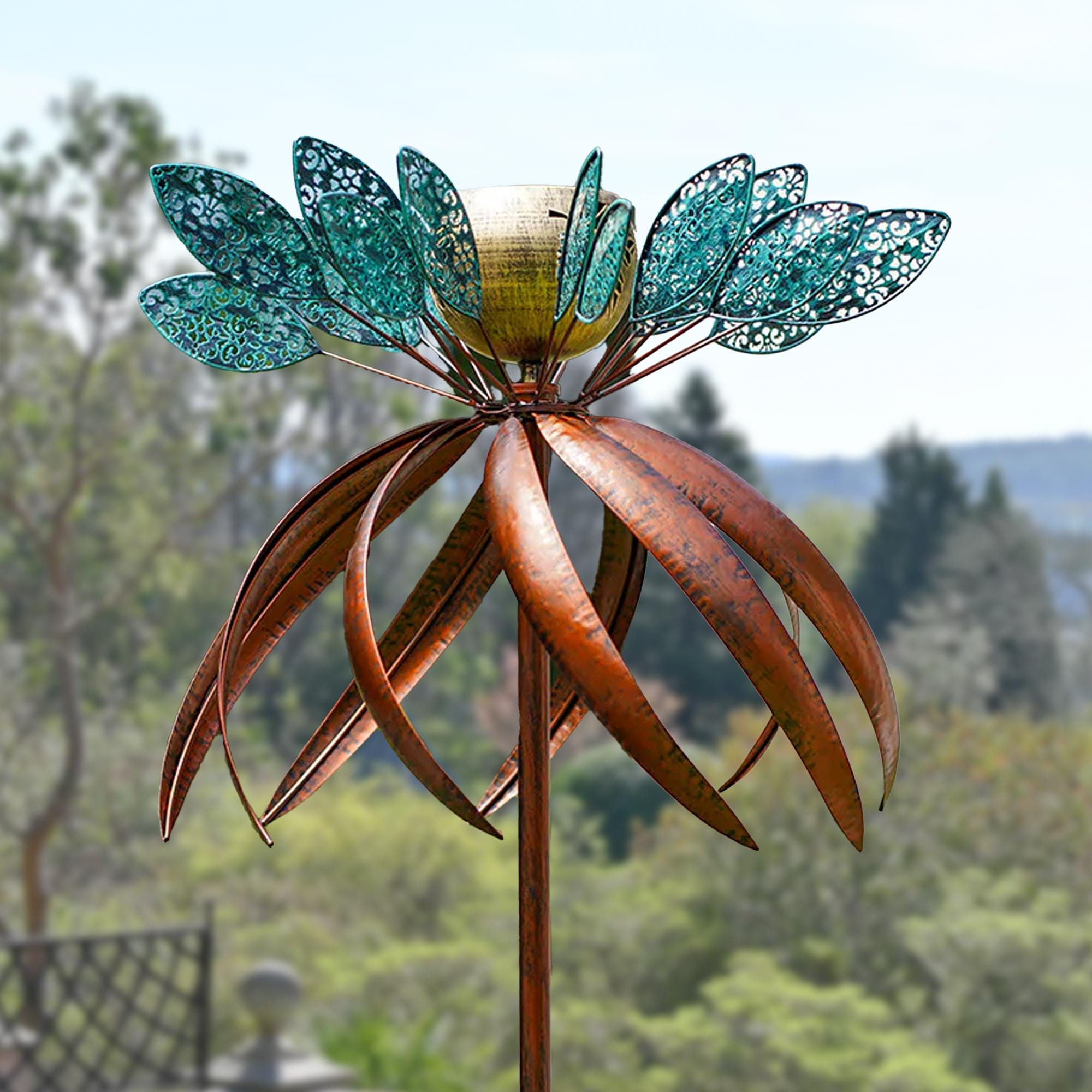 Metal Dual Garden Wind Spinner, Garden Wind Sculpture, Outdoor Garden Decor, Wind Spinner, Handmade Flower Decor Gift, Kinetic Wind Spinner