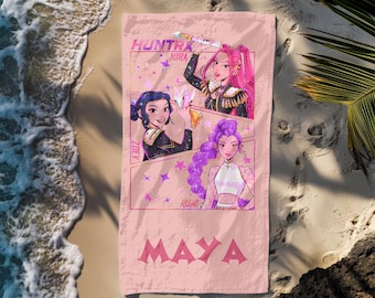 Asciugamano da spiaggia personalizzato per ragazze Kpop, asciugamano da piscina Huntrix personalizzato con nome, regalo da spiaggia per bambini, regalo da spiaggia con arte anime Kpop Demon, arte Anime Girl Power