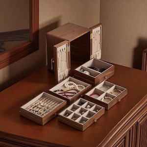 Large Walnut Wooden Jewelry Box • Handmade Jewelry Storage Organizer • Luxury Gift Box for Rings, Earrings & Watches