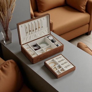 Solid Walnut Wooden Jewelry Box – Mini, Small & Large Organizer for Rings, Earrings, Bracelets, Necklaces – Elegant Gift for Women