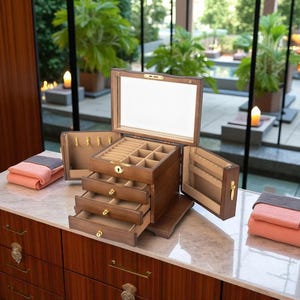 Premium Wooden Jewelry Box with Mirror • 3 Tier Organizer Storage with Drawers • Jewelry Case Gift for Her, Mom, Wife