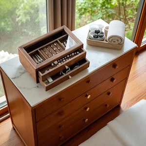 Solid Walnut Jewelry Box with Drawer • Wooden Storage Organizer for Rings, Earrings, Bracelets, Necklaces • Birthday Anniversary Gift