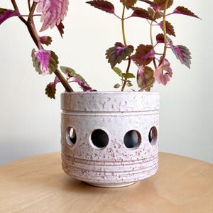 May include: A pale pink ceramic plant pot with a textured finish and horizontal grooves. The pot features several round holes and holds a plant with purple and green leaves. The pot is on a light wood surface.