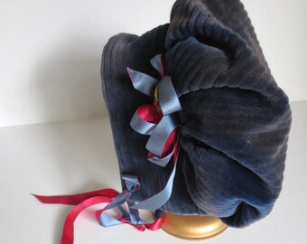 Antique Victorian Bonnet 1860s Girls Hat Blue Corduroy | Silk | Ribbons | Hand Stitched