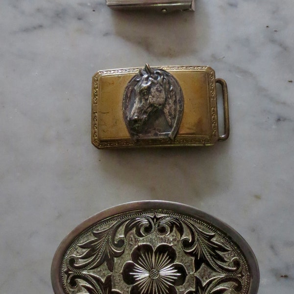 One Western Belt Buckle 1950s GLORAY Horse and Horseshoe, Etched Silver oval  buckle and Art Deco Each Sold Separately