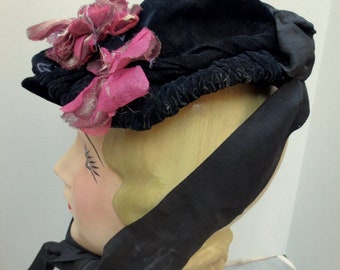 Antique Victorian Black Velvet Bonnet 1870s Hat, Beaded | Colorful Silk Metallic Flowers