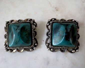 Old Pawn Inspired Faux Turquoise and Silver Tone Clip On Earrings Square Vintage SW BOHO