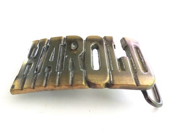 Vintage Brass HAROLD Belt Buckle 80s Dude Hippie Retro Manly Gift