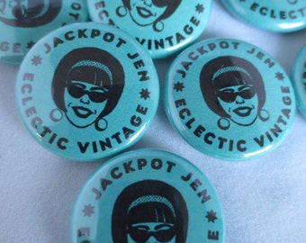 Jackpot Jen One Inch Button Pin Back | Retro Girl Pinback Etsy Vintage Seller Turquoise
