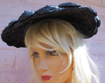 Vintage 1950s Black Roses Hat AVALON Designer Gothic Mourning