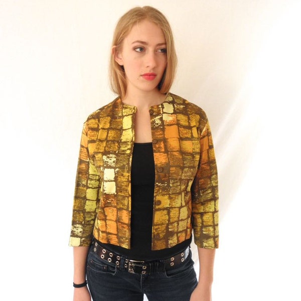 Vintage Jo Mathews Mod Shirt Geometric Yellows 60s Cropped Top // Jacket // Earthy Print // Size Medium Jackpot Jen FREE Ship