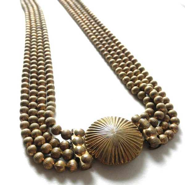 RESERVED for Mona 1930s Art Deco Solid Brass Beaded Necklace // Egyptian Revival // Quadruple Strand