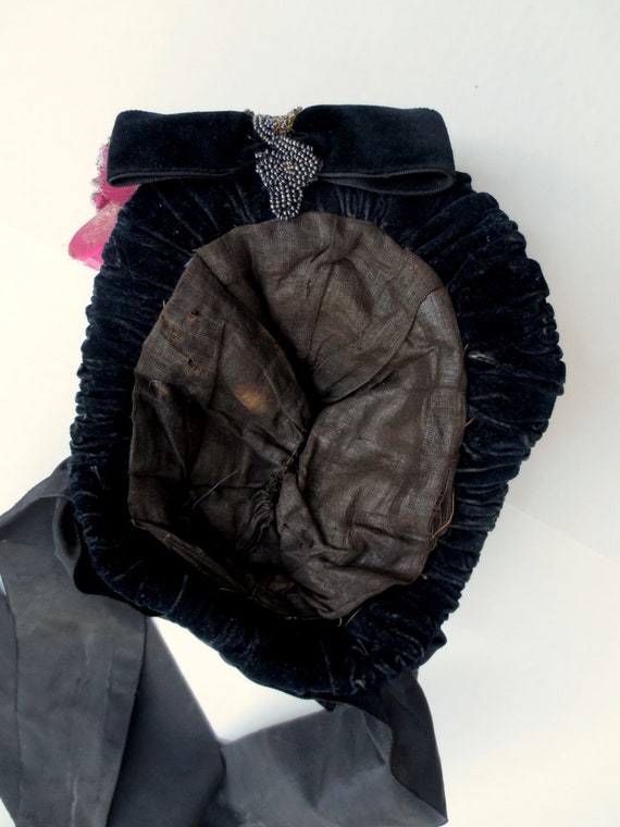 Antique Victorian Black Velvet Bonnet 1870s Hat, … - image 9