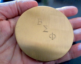 Vintage Compact 1960’s Sorority Beta Sigma Phi Brushed Goldtone Powder Mirror Make Up Cosmetic