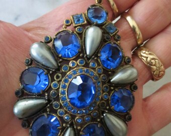 Vintage Elizabethan Blue Faceted Glass and Faux Pearl Pendant, Edwardian, Renaissance Necklace