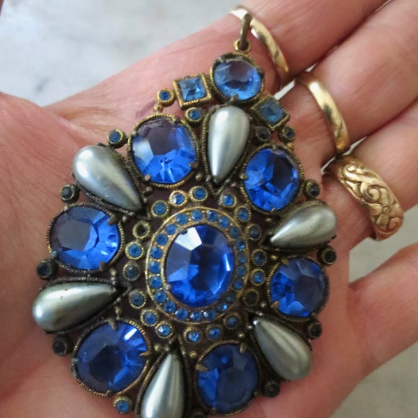 Vintage Elizabethan Blue Faceted Glass and Faux Pearl Pendant, Edwardian, Renaissance Necklace