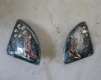Cowgirl Glitter Enamel Clip On Earrings Rockabilly Vintage Glam Silver and Gray Mid century