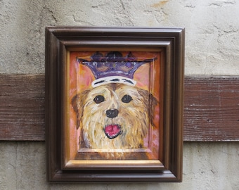 ORIGINAL TERRIER DOG Painting King Mutt Acrylic Crowned Portrait Framed by Jenny Fox Fritz