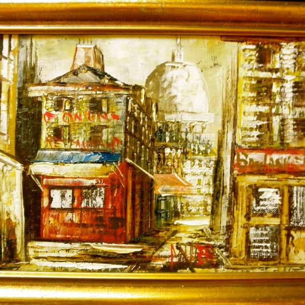 Vintage Paris France oil painting on canvas, 1960s Paris street scene, signed original Christine Mahler, gold leaf wooden frame, Jackpot Jen