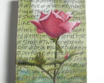 Tiny Pink Rose Painting #hashtag Rose Art I Smell Sweet | Small Acrylic Ink on Canvas | Pretty in Pink Gift for Her | Jenny Fox Fritz