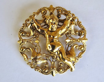 Victorian Gold Cupid Brooch Signed JBW Just the Right Thing Pressed Metal Angel Valentines Sweetheart Gift