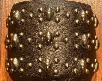 CALLEEN CODERO Western Style Dark Brown Leather Studded Wide Cuff Bracelet BOHO