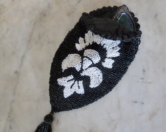 Antique Beaded Bag - 1920s Flapper Purse, Black and White Glass Mircobeading Eyeglass Case