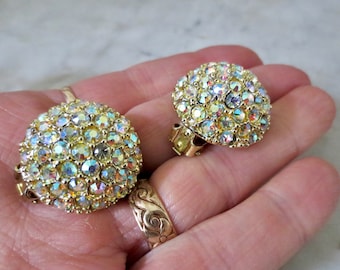 Mid Century Rainbow Rhinestone Clip on Earrings 1960s Aurora Borealis AB Bling