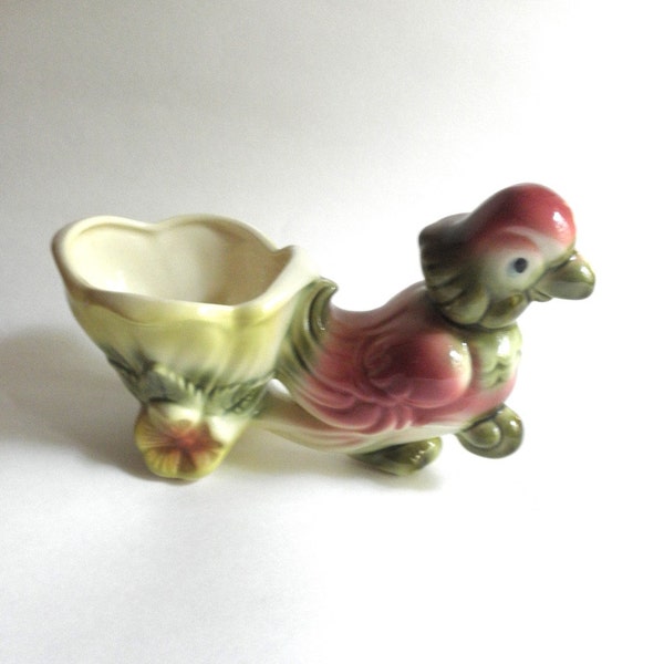 HULL Cockatoo Planter, 60s ceramic Parrot Pulling a Cart, Vintage TIKI Room, Tropical Decor, Bird planter, Jackpot Jen