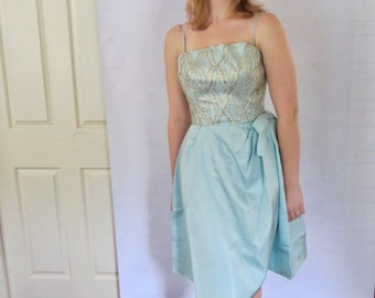 EARLY 60s Mint Party Dress Spaghetti Straps Gold Lame At the Knee The Wedding Belle Hayward