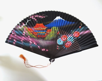 Mount Fuji Hand Painted Fan 1960s Large Flamenco Black Fan | Burlesque Tango | Fan Dance Hot Flashes Vintage