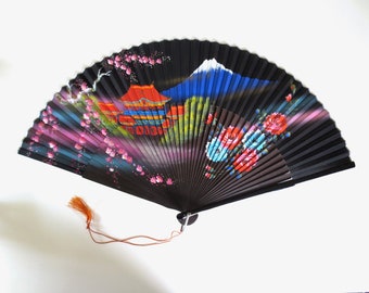 Vintage Japanese Hand Painted Fan Large Flamenco Black Fan | Mount Fuji | Burlesque Tango | Hot Flashes