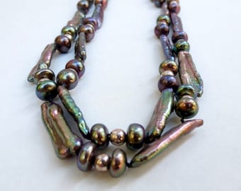 Vintage Iridescent Fresh Water Pearls Necklace Color Enhanced Double Strand Sterling Beads and Clasp