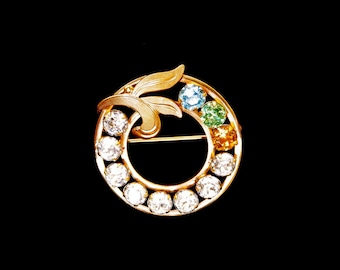 Mid Century Van Dell Brooch 1/20 12K GF Multi Colored Rhinestone Pin 1950s Vintage