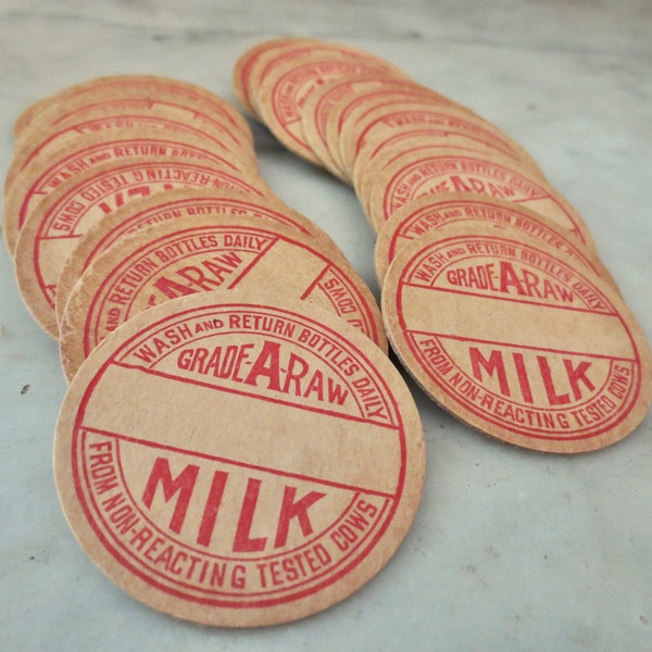 Vintage Milk Bottle Caps in Red On Tan New Old Stock Set of 4, FOUR Cardboard Milk Bottle Lids New Old Stock