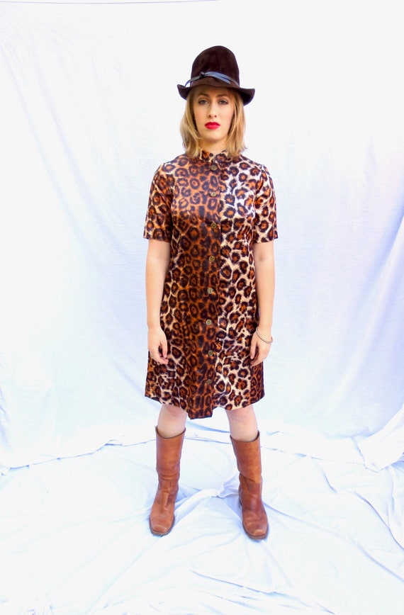 Tiki Alice Leopard Dress 60s Polynesian Satin Fash