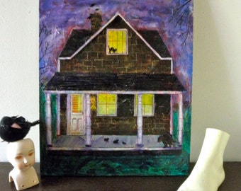 Creepy Cool House Painting Original Acrylic BATS Rats CATS No Doormat Spooky Halloween 16 x 20 Haunted House by Jenny Fox Fritz