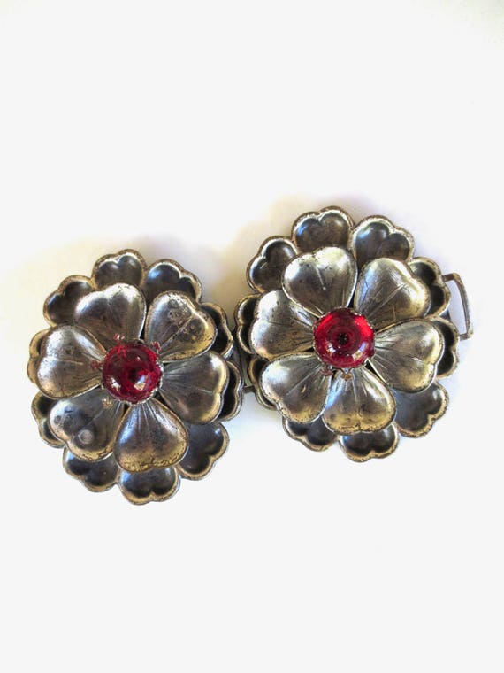 1930s Silver Floral Belt Buckle Red Jeweled Buckle