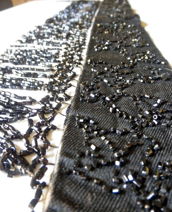 Antique Edwardian Black Beaded Belt 1900s Silk Sash Gothic Couture For Repair