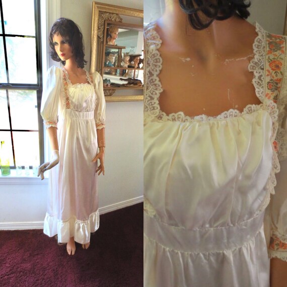 70s BOHO Satin Wedding Dress Hand Made Romantic Ivory Floral | Etsy