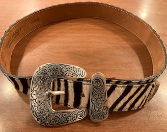 Vintage Streets Ahead Zebra Calf Hair Belt SZ M Black & White Striped Silver Buckle
