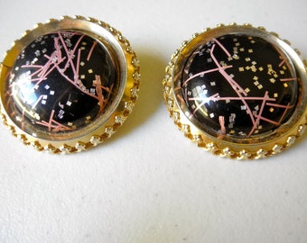 Sock Hop Clip On Earrings New Years Eve Vntage Jewelry 50s Rockabilly Black Gold Mid Century Confetti