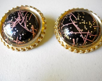 Mid Century Confetti Clip On Earrings New Years Eve Jewelry 50s Rockabilly Black Gold Pink Glitter