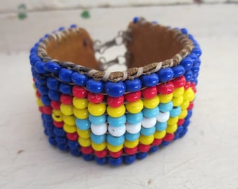 Vintage Native American Beaded Bracelet Cobalt Blue, Yellow, Leather and Sinew