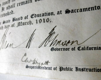 Antique Historical Document Hiram Johnson Autograph | 1916 California Governor | Life Diploma C Louis Douglas