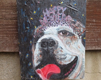 New Year Bulldog Painting: Original Acrylic Art by Jenny Fox Fritz (9x12)