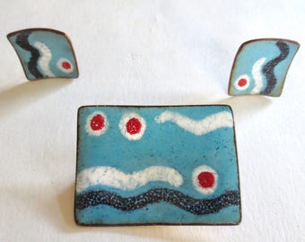 Mid Century Blue Enamel and Copper Jewelry Set, 60s Brooch Screw on Earrings Eames Era, MCM Abstract Art Vintage