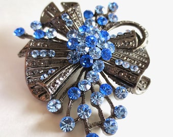 Old Hollywood Blue Rhinestone Brooch, Vintage Victorian Jewelry 1980s